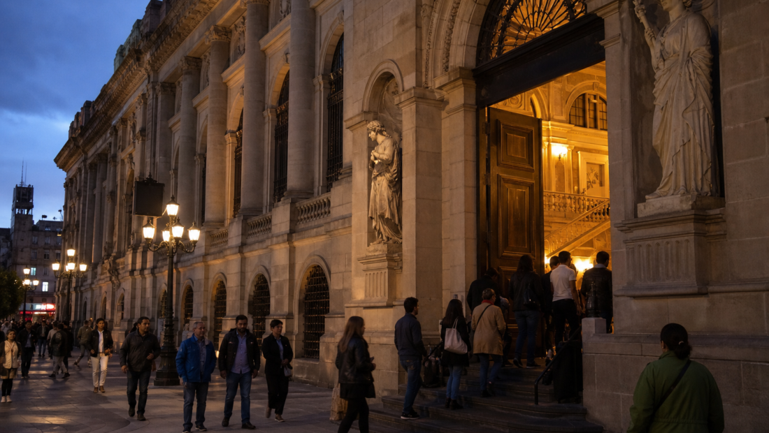 Visitantes entrando a un museo de la Ciudad de México durante una noche cultural
