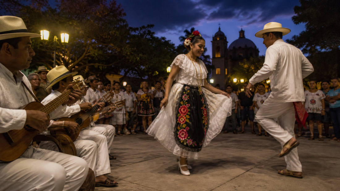 Músicos y bailadores participan en un fandango jarocho en una plaza comunitaria veracruzana.