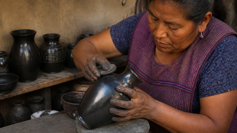 Artesana pule una pieza de barro negro en un taller de San Bartolo Coyotepec, Oaxaca