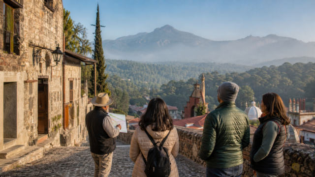 Visitantes recorren una calle empedrada de Huasca de Ocampo con montañas y bosque al fondo