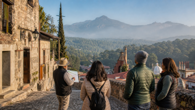 Visitantes recorren una calle empedrada de Huasca de Ocampo con montañas y bosque al fondo