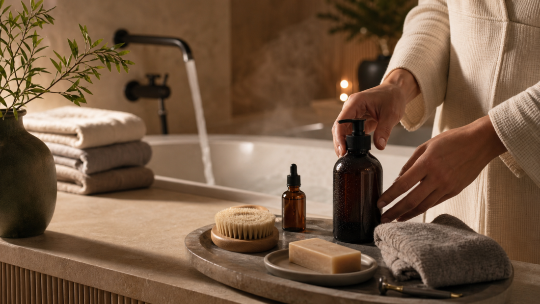 Ritual de higiene y autocuidado en un baño de ambiente relajante
